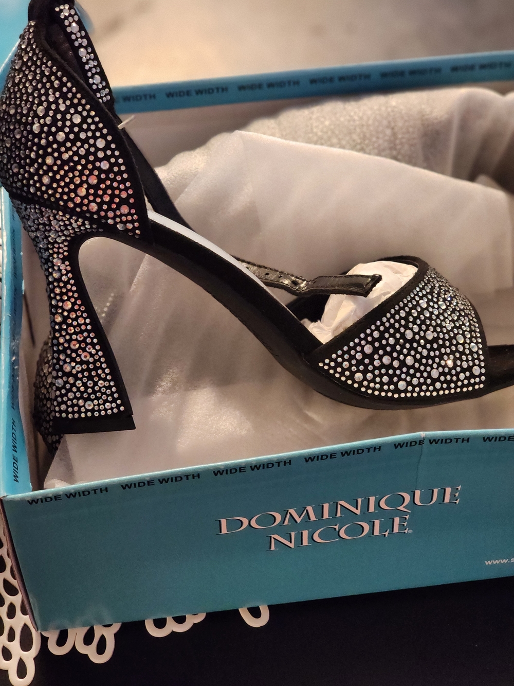 New In Box Dominique Black Crystal Embellished Block Heel Sandals